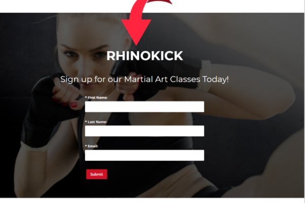 Woman kick boxing next to a sign up form for classes