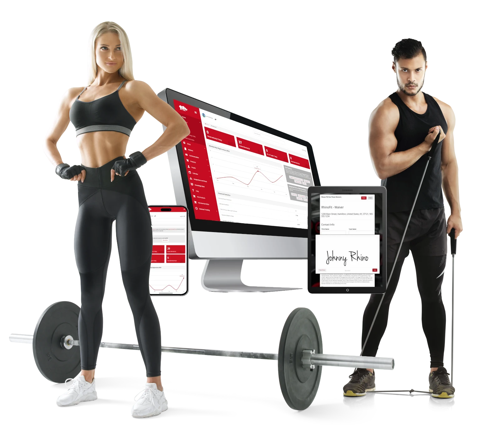 Fitness couple posing with gym software displayed on several devices