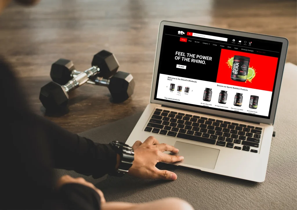 Image of RhinoFit's fitness trainer software with a Shopping cart full of products purchased at an online product store