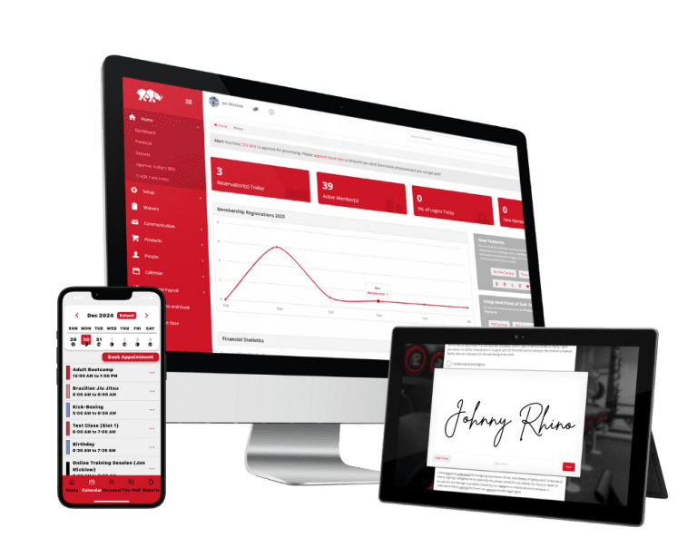 image of RhinoFit's cloud-based gym software displaying a desktop device, tablet, and mobile phone for gym owners