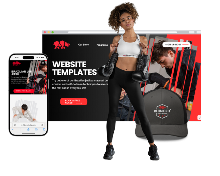 Image of a women boxing with RhinoFit's responsive gym website templates and product store on a desktop device and mobile phone