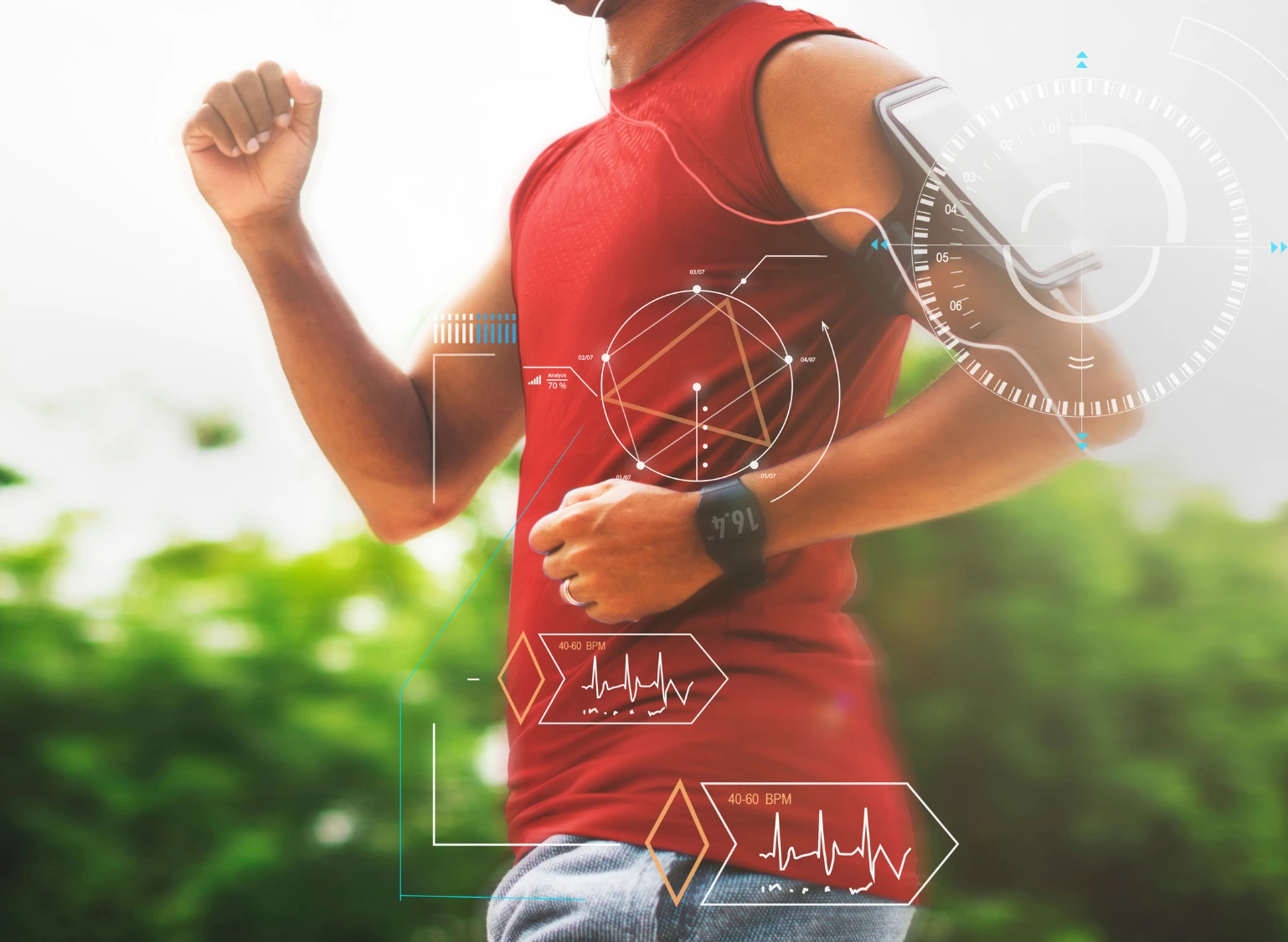 Image of man jogging with a wearable that monitors his health data