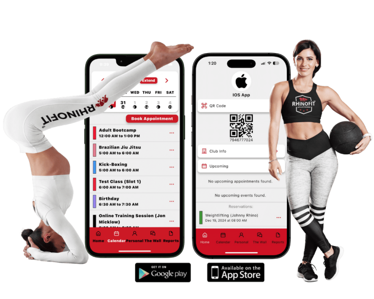 gym members standing next to the rhinofit gym software app displayed on a mobile device