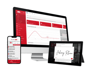 gym software displayed on a computer, mobile device and tablet