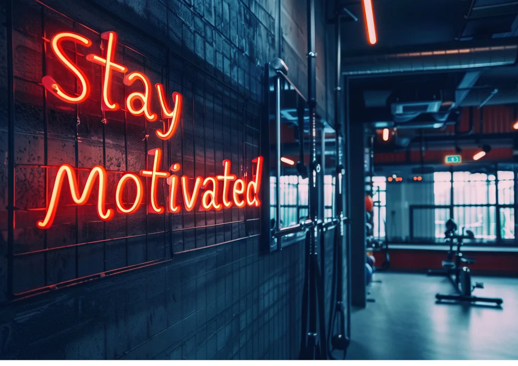 Image of a neon sign in a gym that says "stay motivated" representing a gym's brand
