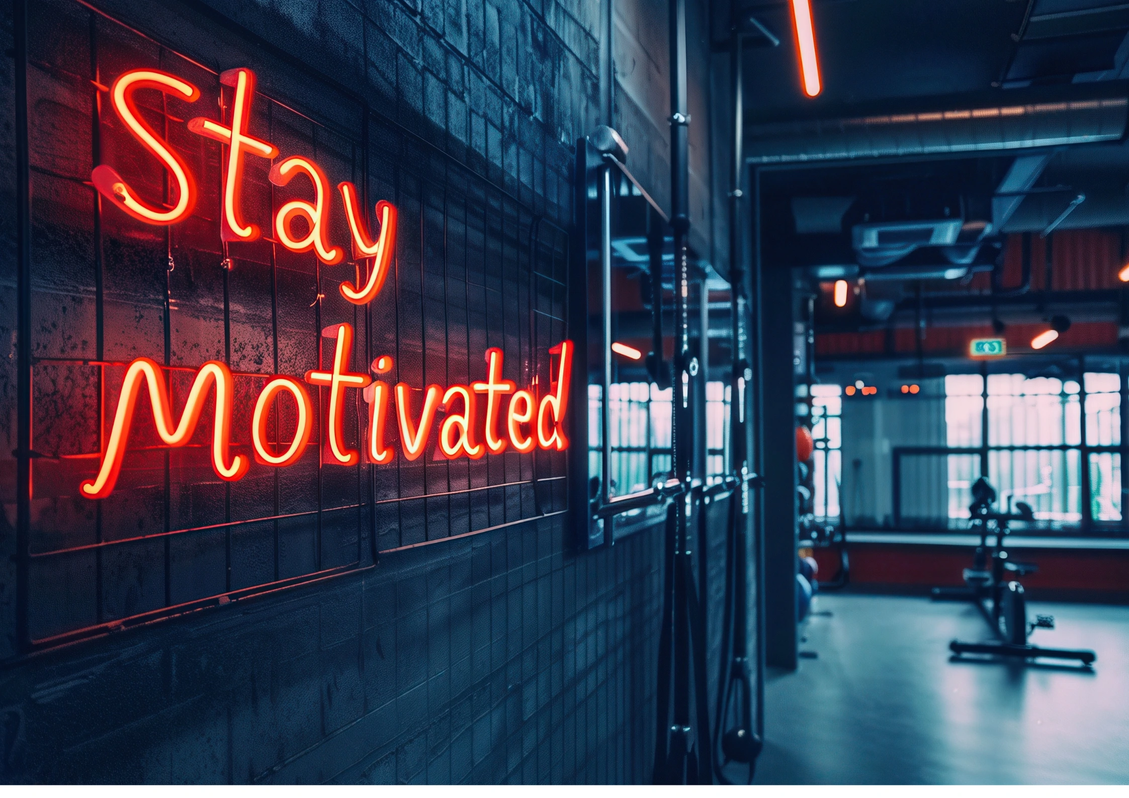 Image of a neon sign in a gym that says "stay motivated" representing a gym's brand