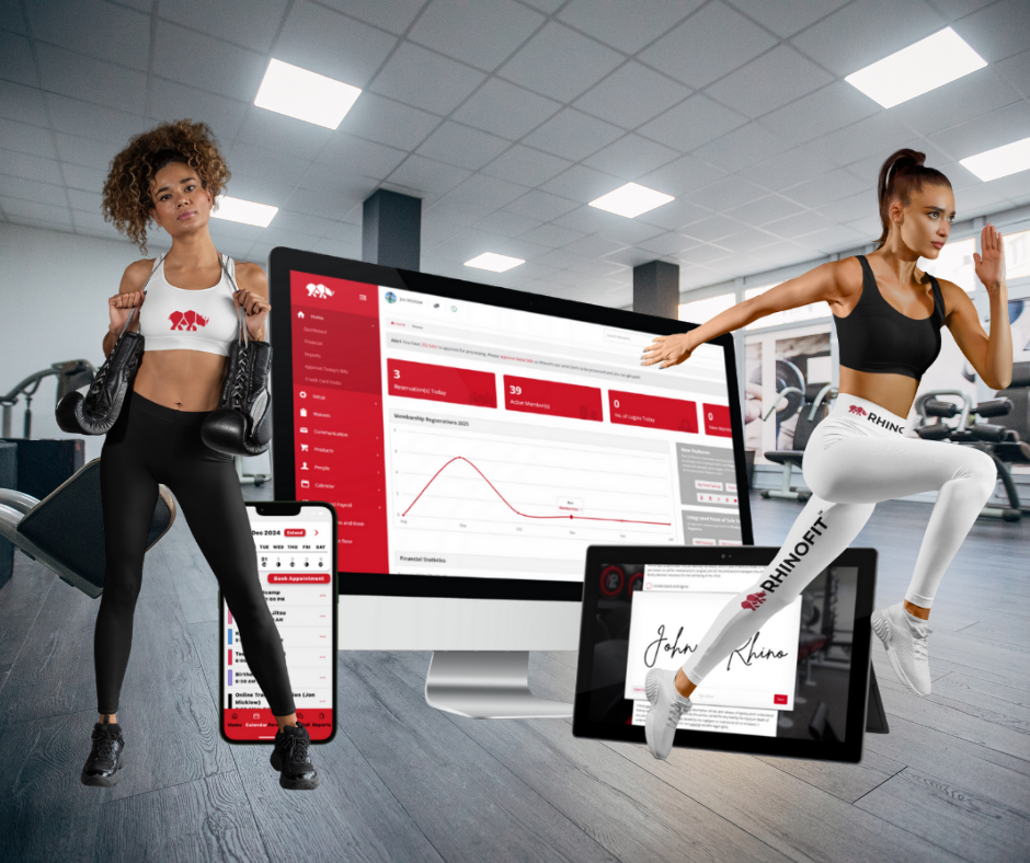 Image of two people in the gym showing off the gym management solution software