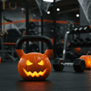 Image of gym halloween decor, pumpkin dumbbell