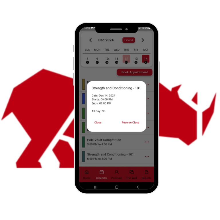 Image of RhinoFit's gym class calendar via the mobile app